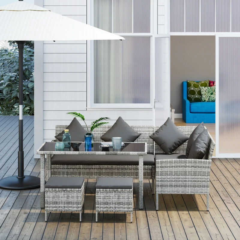 Outsunny tsunny 6-Seater Rattan Dining Set Sofa Table Footstool Outdoor w/ Cushion Garden Furniture, Dark Grey