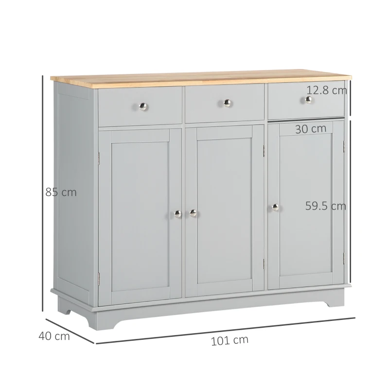 HOMCOM Sideboard with Rubberwood Top and Adjustable Shelves for Dining Room, Kitchen - Grey