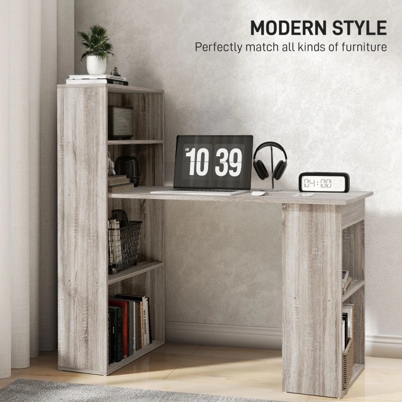 HOMCOM 120cm Computer Desk, Wooden PC Laptop Table with 6-Tier Storage Bookshelves, Home Office Working Study Desk, Writing Workstation, Grey