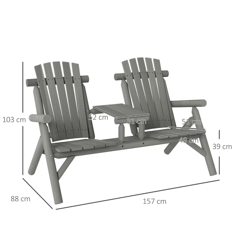 Outsunny Wood Patio Chair Bench 2 Seats w/ Centre Coffee Table, Garden Bench, Grey