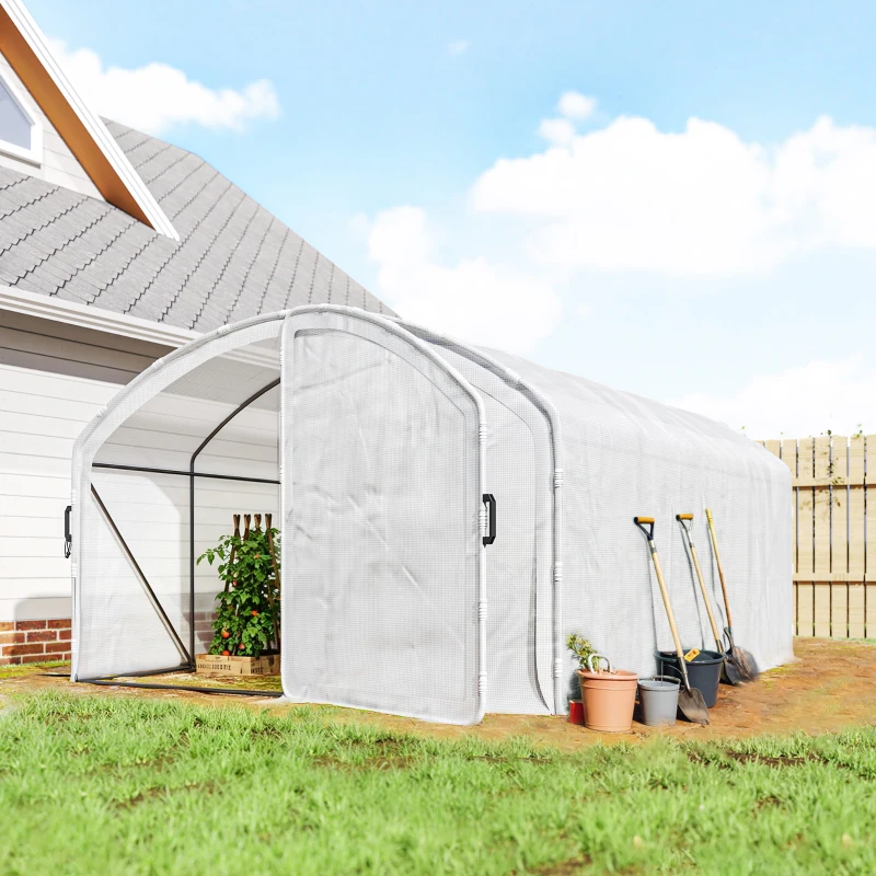 Outsunny Polytunnel Greenhouse Walk-in Grow House with UV-resistant PE Cover, Door, Galvanised Steel Frame, 4 x 3 x 2m, White