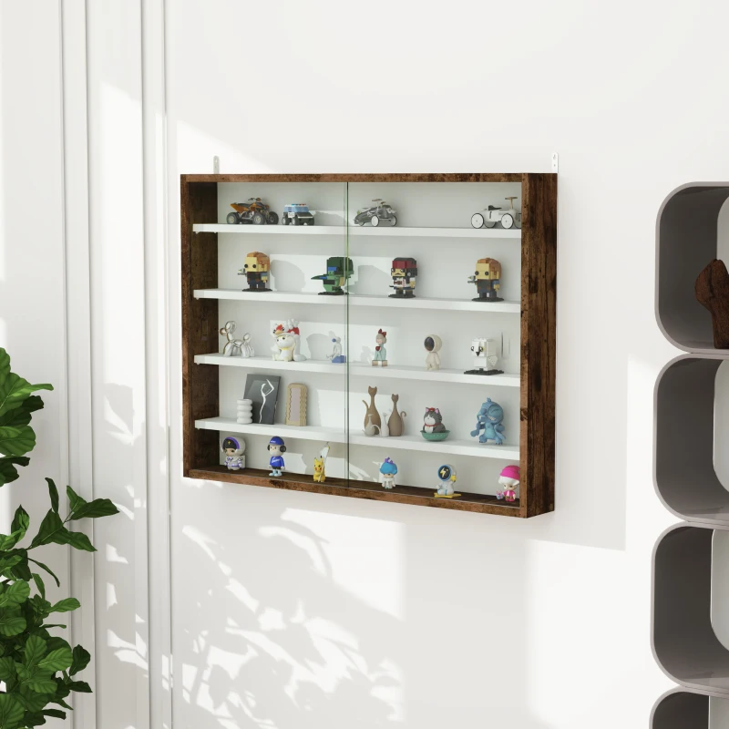 HOMCOM Bacheca Portaoggetti a 4 Ripiani Regolabili, Vetrina a Muro in Vetro e Legno, 80x9.5x60 cm, Marrone