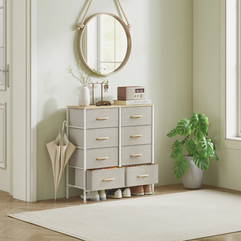 HOMCOM Fabric Chest of Drawers, Industrial Bedroom Dresser with 8 Fabric Drawers, Steel Frame and Wooden Top for Nursery, Living Room, Hallway, Maple Wood-effect