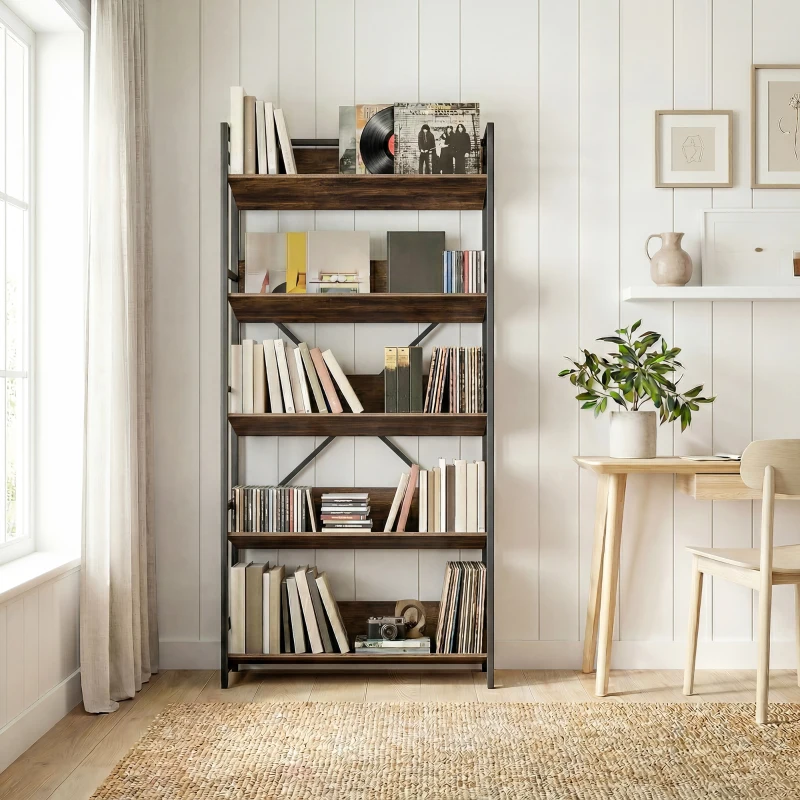 HOMCOM Bookshelf 5-Tier Metal Frame Bookcase Storage Shelves for Living Room Rustic Brown