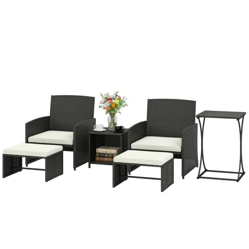 Outsunny 6 Piece Rattan Garden Furniture, Space-Saving Patio Furniture Set with Nesting Tables, Chairs, Stools, Cushions, Black