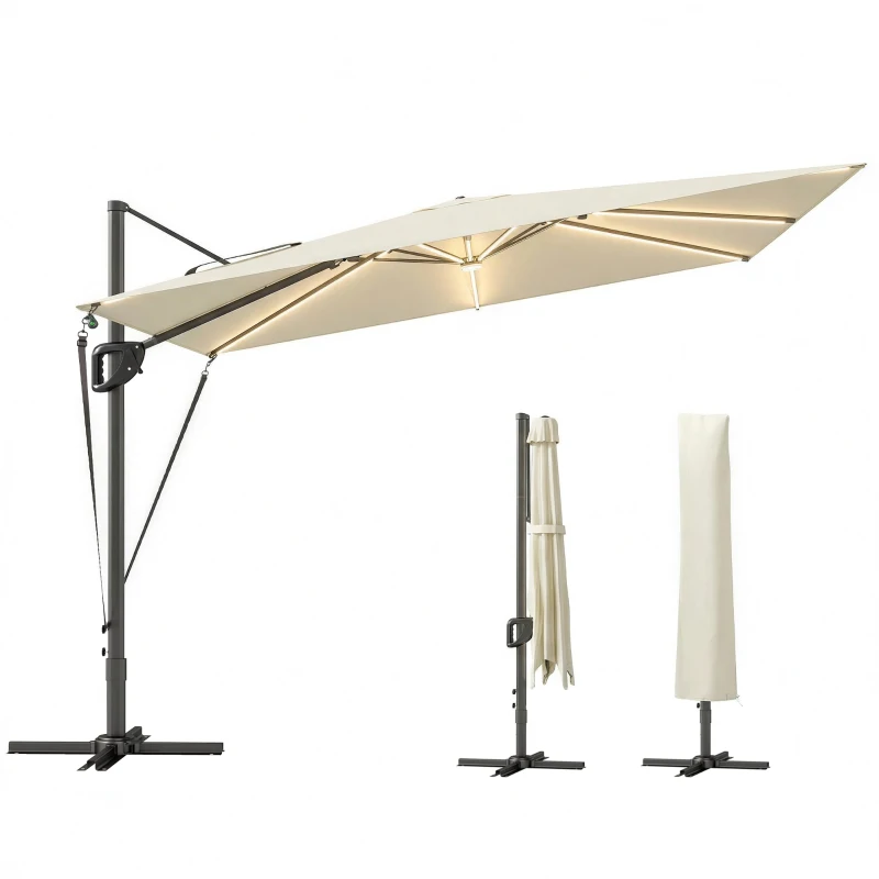 Outsunny 3 x 3 m Garden Cantilever Parasol w/ Light, Cover, UPF50+ Patio Umbrella w/ Wind Protection, 360° Rotation, Cream White