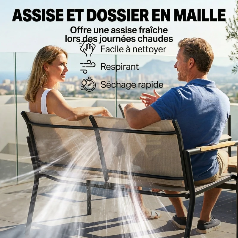 Outsunny Salon de Jardin 4 Pièces en Textilène, Canapé, 2 Fauteuils, Table Basse avec Plateau en Métal, 106x70,5x77cm, Crème