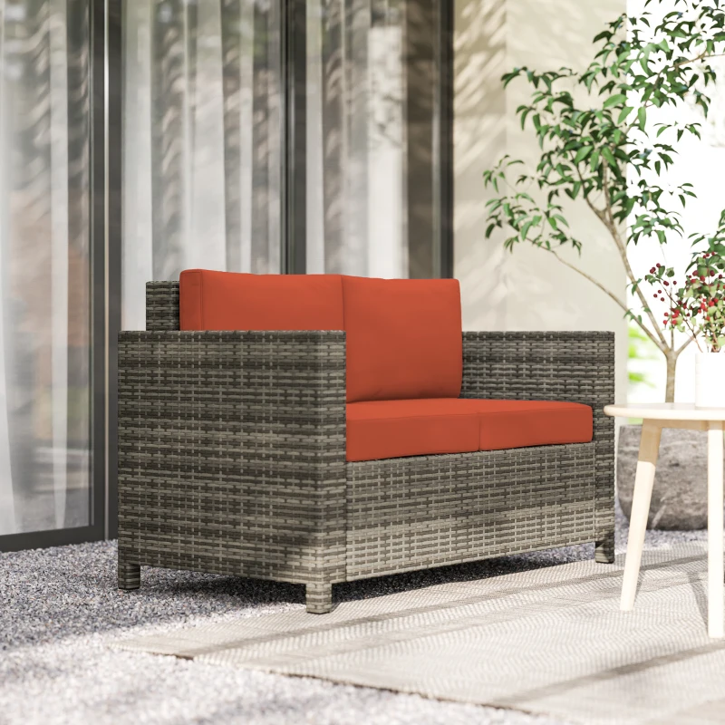 Outsunny Rattan Sofa, 2 Seater Garden Furniture with Soft Padded Cushion and Armrests, Wicker Garden Loveseat for Patio, Grey