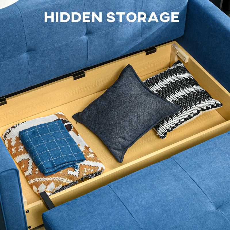HOMCOM 2 Seater Sofa Bed with Hidden Storage, Pull Out Convertible Bed Settee, Modern Snow Flannel Loveseat Sofa Sleeper with 2 Cushions for Living Room, Guest Room, Deep Blue