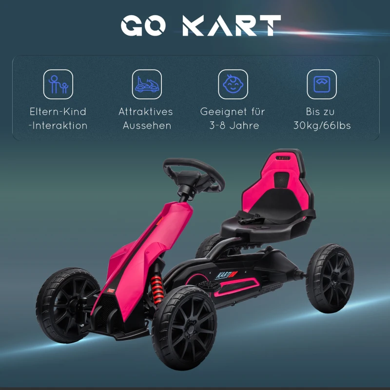 HOMCOM Go-Kart, Kinderfahrzeug mit verstellbarem Sitz, Tretfahrzeug, Tretauto mit Handbremse, 3-8 Jahre, Outdoor, Rosa