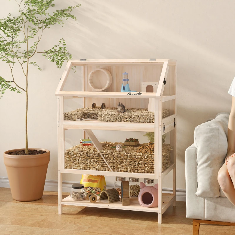 PawHut Wooden Hamster Cage with Detachable Lower Floor, Storage Shelf, Hut, Seesaw, Exercise Wheel, Ramps for Hamster