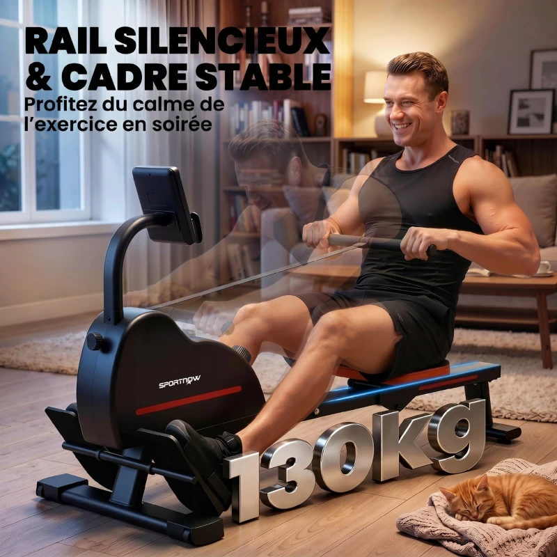 SPORTNOW Rameur Magnétique Appareil de Musculation Bluetooth Connecté Kinomap & Zwift 16 Niveaux de Résistance 135x42x72cm Rouge