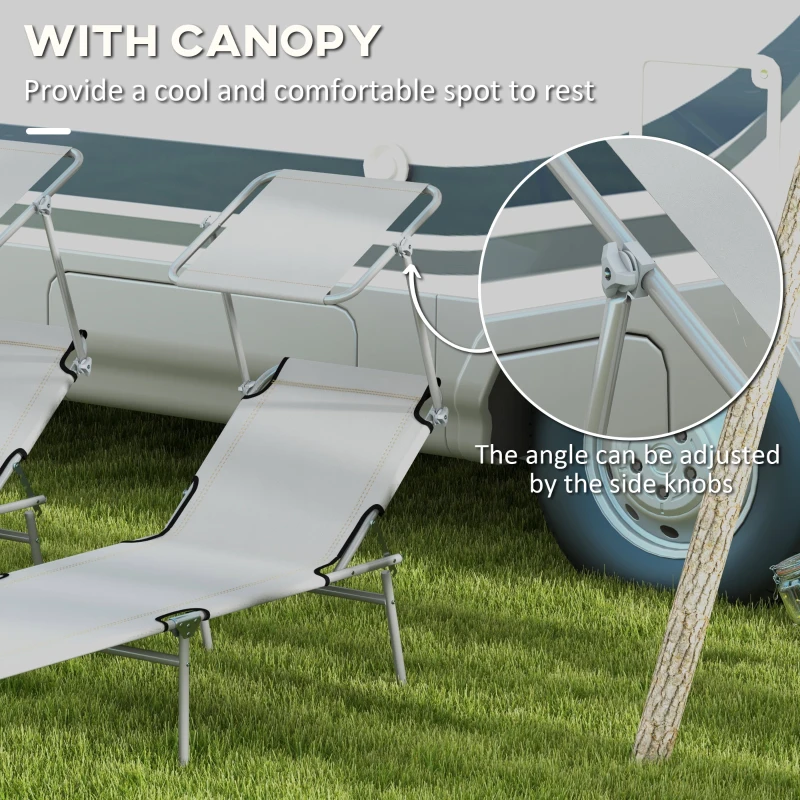 Outsunny Folding Sun Lounger Set of 2 with Canopy, Reclining Sunbed with 4-Position Adjustable Backrest, 600D Oxford Cloth, Portable Garden Lounger Recliner Chair for Beach, Camping, Patio, Light Grey