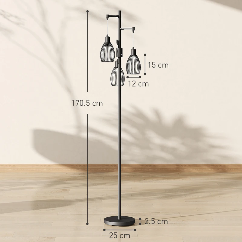 HOMCOM 3-Light LED Floor Lamp, 170cm Industrial Dimmable Standing Lamp with Steel Wire Cage Lampshades, 2700K for Living Room, Bedroom, Dining Room, Study, Black