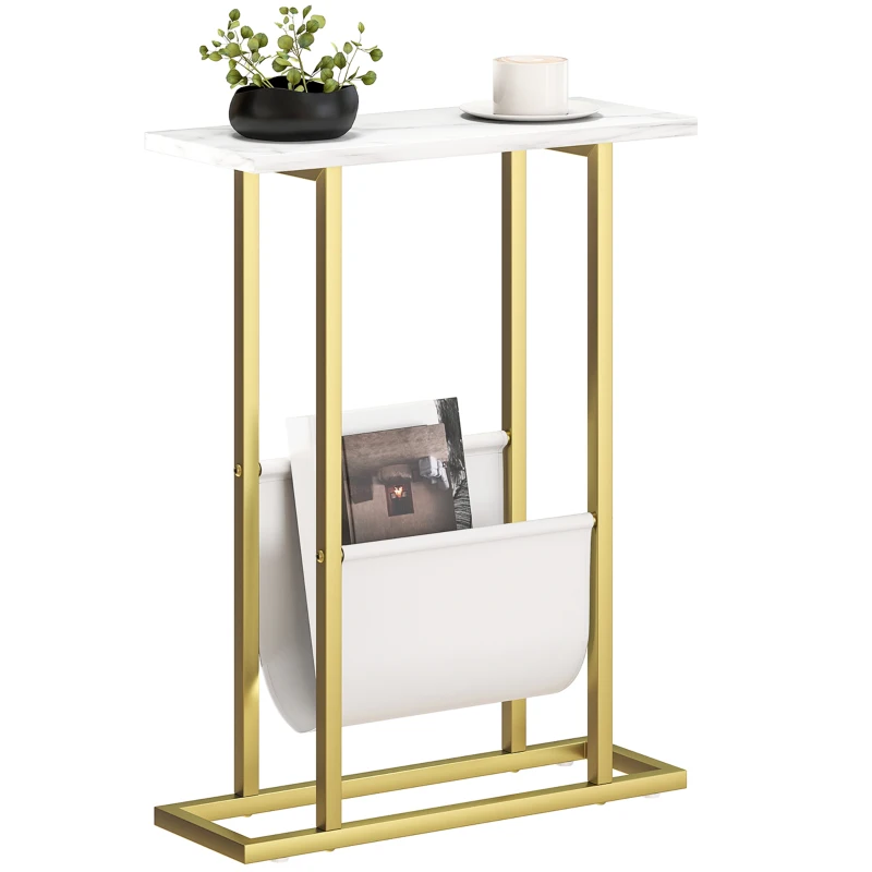 HOMCOM Narrow Side Table, End Table with Magazine Holder, Nightstand for Small Spaces, Living Room, Bedroom, White Marble Grain