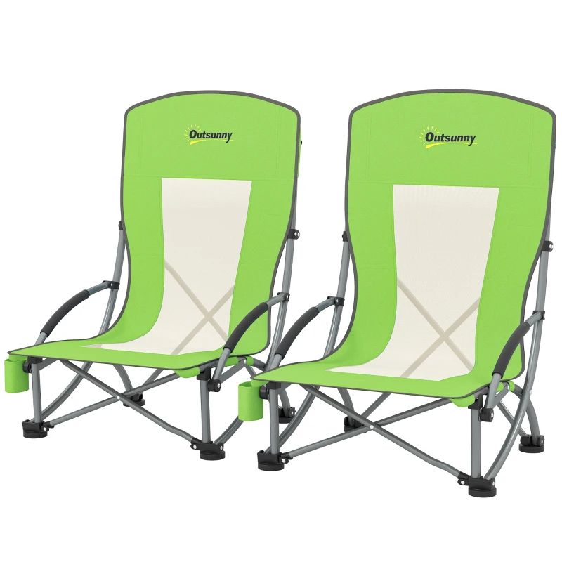 Outsunny Set of 2 Folding Beach Chair, Low Camping Chair with Mesh Back, Carry Bag and Cup Holder for Garden Outdoor Picnic Festival Travel, Green