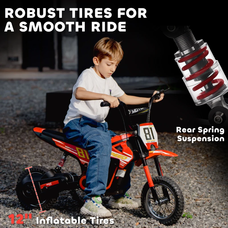 AIYAPLAY Kids Electric Motorbike, 24V Ride On Motorcycle with 3 Speeds and Rear Suspension, Dirt Bike for 8-12 Years Old, Red