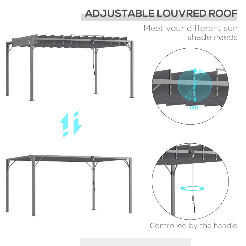 Outsunny 4 x 3(m) Outdoor Pergola with Retractable Roof, Aluminium Louvered Patio Gazebo Canopy for Garden, Patio, Grey