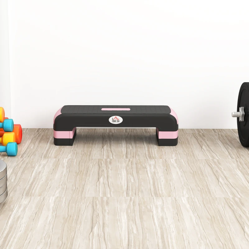 HOMCOM Aerobic Step with 3-Level Adjustable Heights for Home, Office Exercise, Black and Pink