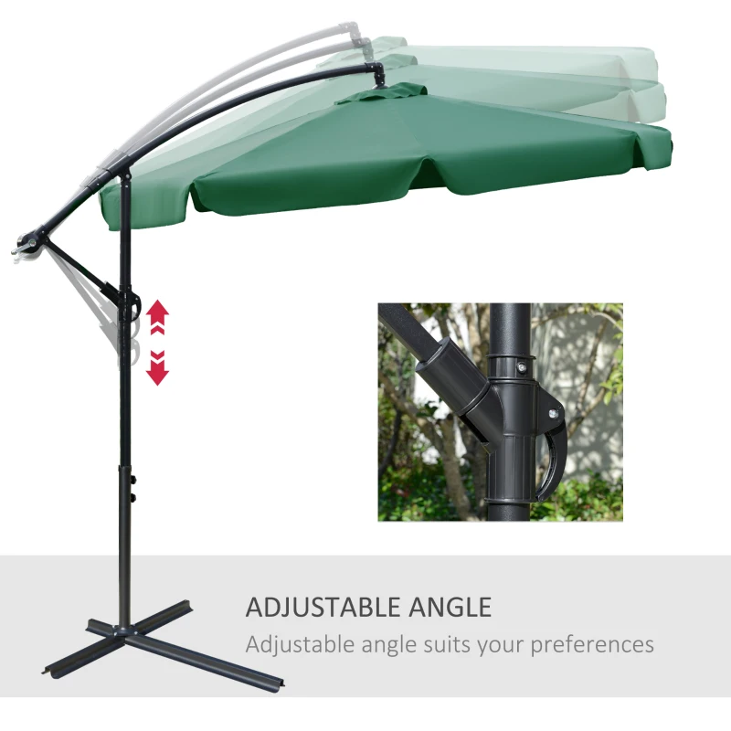 Outsunny 2.7m Garden Banana Parasol Cantilever Umbrella with Crank Handle and Cross Base for Outdoor, Hanging Sun Shade, Green