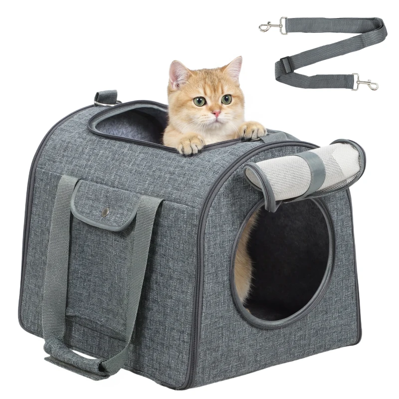PawHut Soft Sided Cat Carrier Bag, Portable Foldable Pet Carrier with Shoulder Strap & Removable Mat for Small Pet Up to 10kg