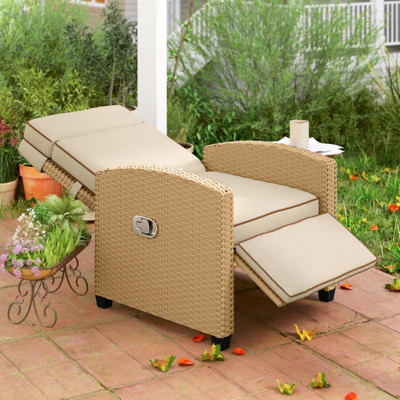 Outsunny 145° Reclining Rattan Armchair, with Footrest - Khaki/Beige