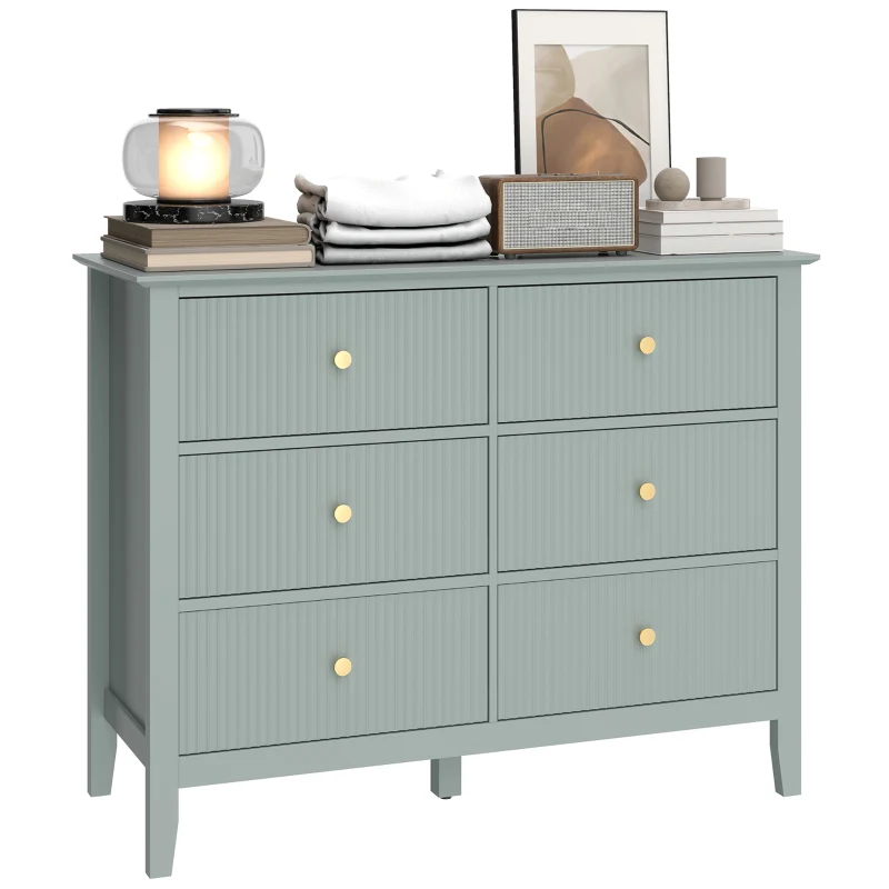 HOMCOM Fluted Dresser, 6 Drawer Chest of Drawers for Bedroom, Living Room, Hallway, Closet, Green