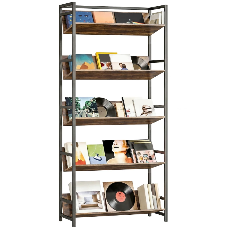 HOMCOM Bookshelf 5-Tier Metal Frame Bookcase Storage Shelves for Living Room Rustic Brown