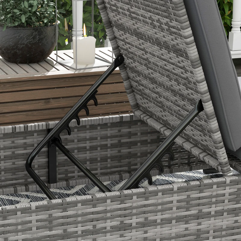 Outsunny Rattan Sun Lounger, 5-Level Reclining PE Wicker Outdoor Patio Lounger with Tea Tray and Cushion, Reclining Garden Chair for Patio, Terrace, 120kg Weight Capacity, Grey