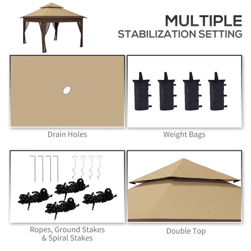 Outsunny 3 x 3(m) Pop Up Gazebo with Mosquito Netting, 1 Person Easy up Marquee Party Tent with 1-Button Push, Double Roof, Carry Bag, Sandbags, Height Adjustable Instant Shelter, Khaki