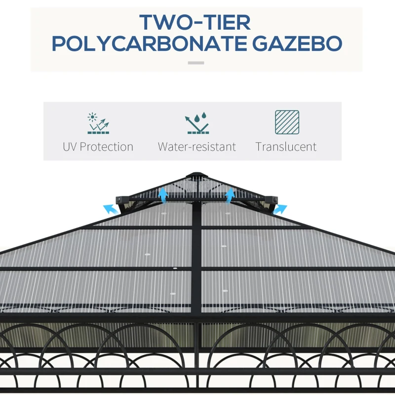 Outsunny 3 x 3 (m) Outdoor Polycarbonate Gazebo, Double Roof Hard Top Gazebo with Galvanised Steel Frame, Nettings & Curtains for Garden, Lawn, Patio and Deck, Khaki
