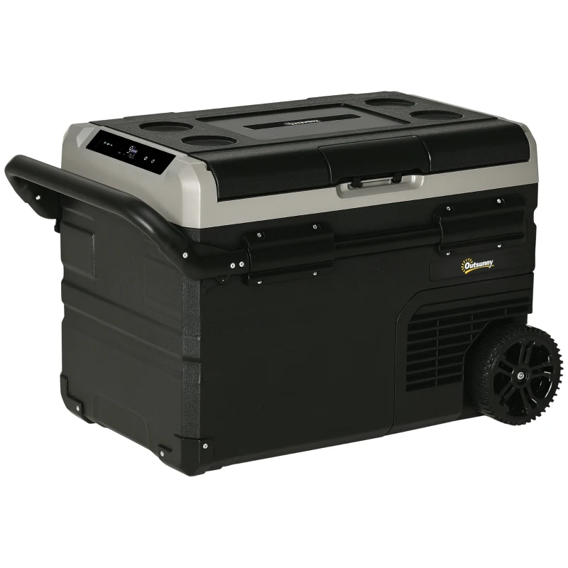 Outsunny 40L Car Refrigerator, Portable Compressor Cooler Box, Fridge Freezer w/ Inner LED Light, Foldable Handles, Cup Holders, 12/24V DC and 110-240V AC for Campervan RV Boat Travel Down to -20℃