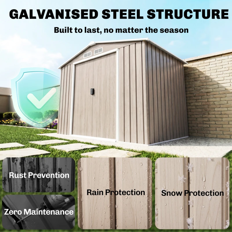 Outsunny 7 x 4ft Metal Garden Storage Shed with Vents, Floor Foundation Kit and Lockable Double Doors, Light Brown