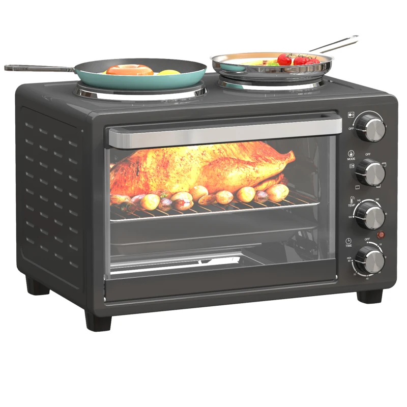 HOMCOM 28L Mini Oven with 2 Hot Plates, Countertop Toaster Oven, Grill, Roast, Bake, Boil, with Timer, Adjustable Temperature, Electric Oven with Baking Tray, Grill Rack, Crumb Tray, 2600W, Black