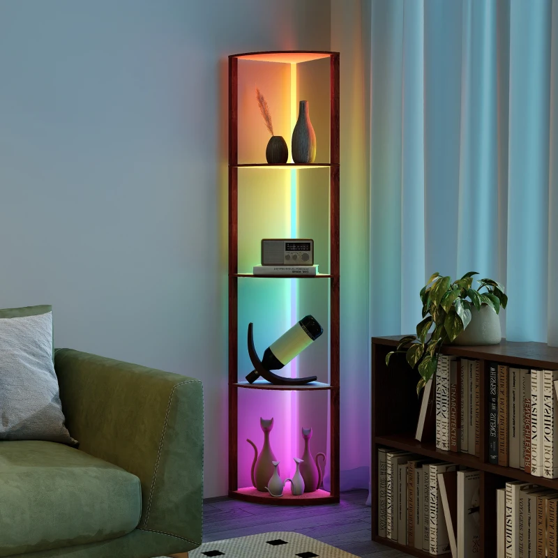 HOMCOM RGB LED Floor Lamp with Shelves, 5-Tier Dimmable Standing Lamp with Adjustable Brightness and Remote Control, Modern Corner Display Shelf Unit for Living Room Bedroom Office, Brown