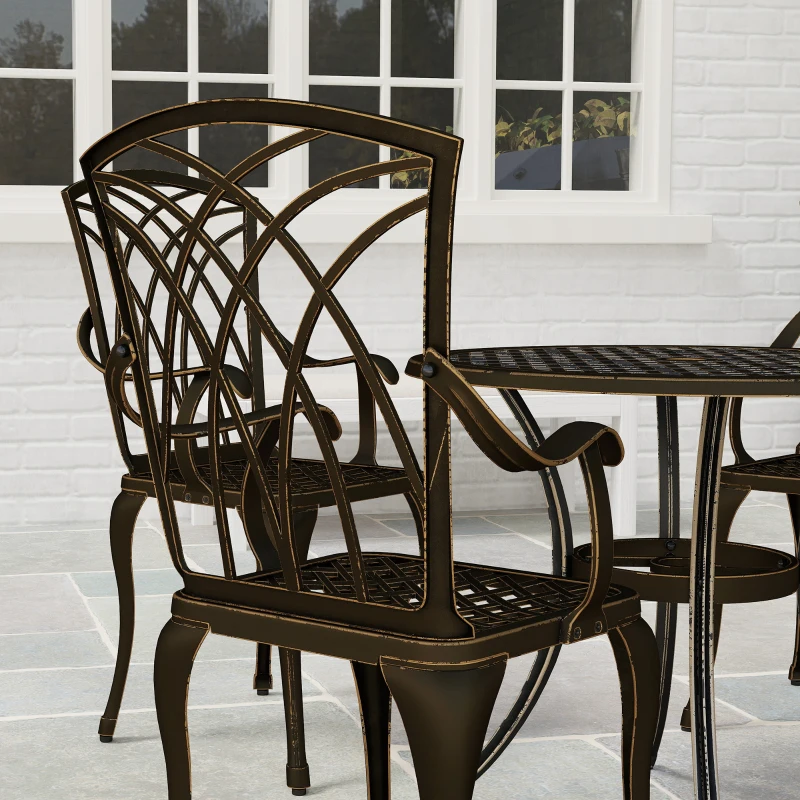 Outsunny 5 Pieces Garden Dining Set for 4, Cast Aluminium Outdoor Dining Set with 4 Armchairs and Round Dining Table with Parasol Hole, Garden Furniture Bistro Set, Bronze Tone