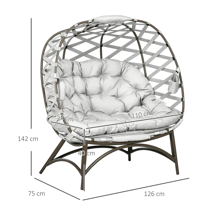 Outsunny 2 Seater Egg Chair Outdoor, Folding Weave Garden Furniture Chair with Cushion, Cup Pockets - Light Grey