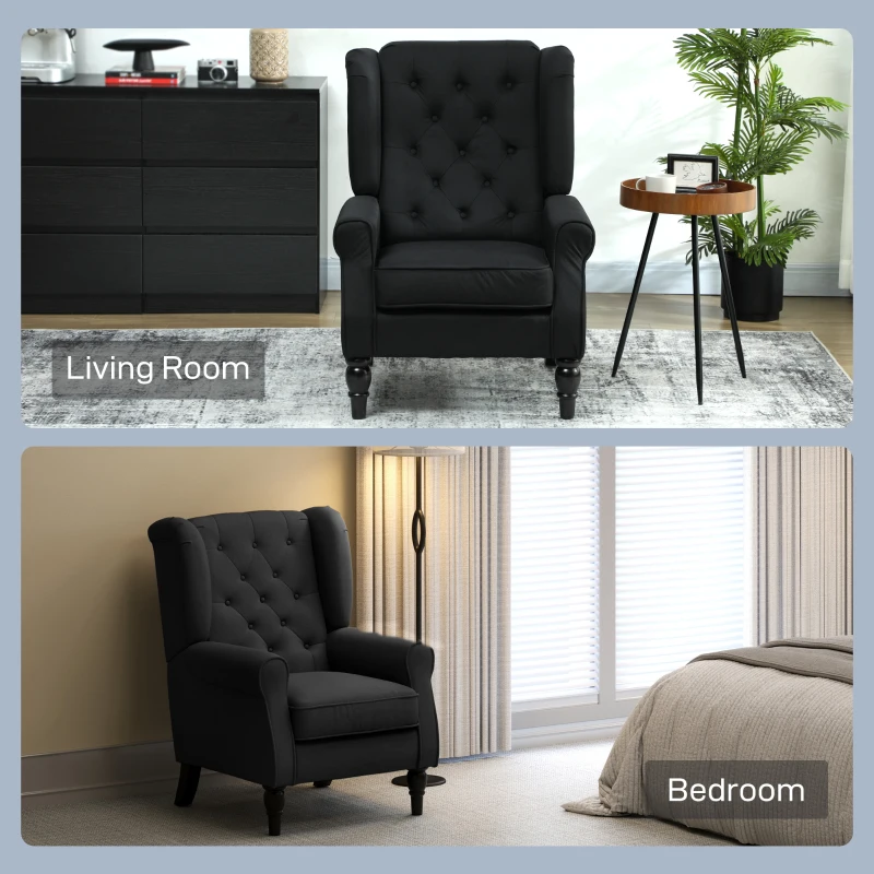 HOMCOM Wingback Accent Chair, Faux Linen Armchair with Thick Spring Cushion, High Back, Solid Wood Legs, Retro Button Tufted Reading Chair for Living Room, Bedroom, Black