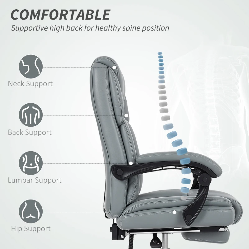 HOMCOM Faux Leather Reclining Office Chair, with Footrest - Grey