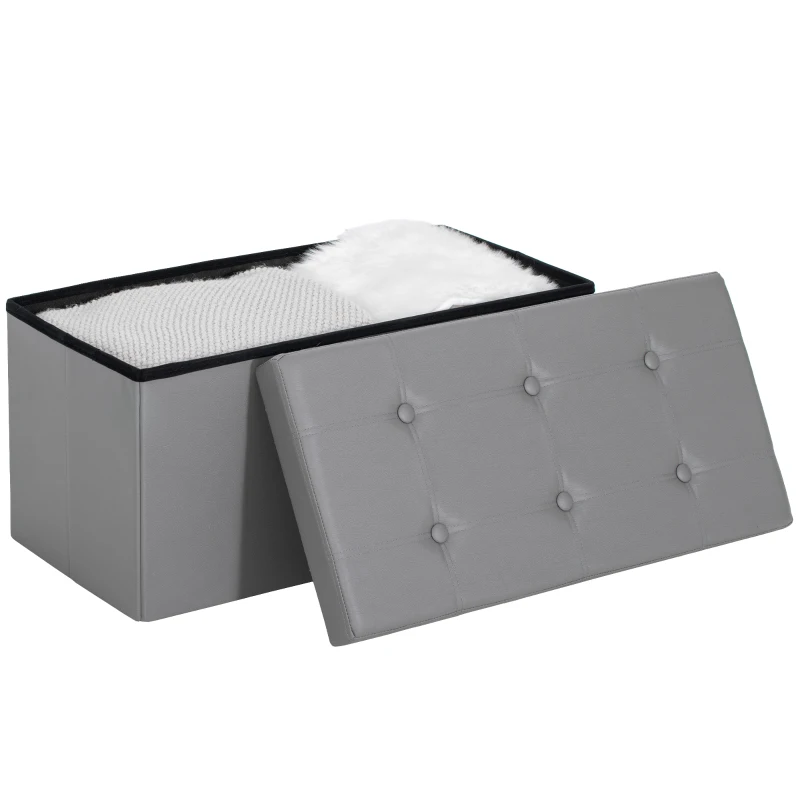 HOMCOM Storage Ottoman Bench, 89L PU Leather Folding Foot Rest Stool, End of Bed Bench, Easy Assembly, for Living Room, Bedroom, Entryway, Grey