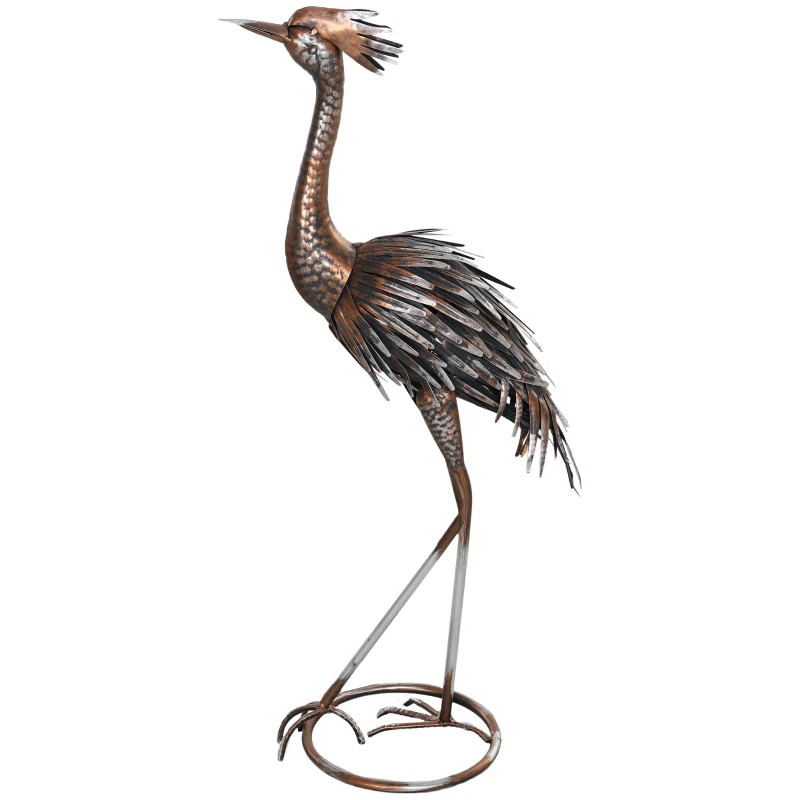 Outsunny Heron Garden Statue, Standing Garden Ornament, Metal Garden Gift with Stakes for Patio Pond Landscape Decoration, Silver Tone