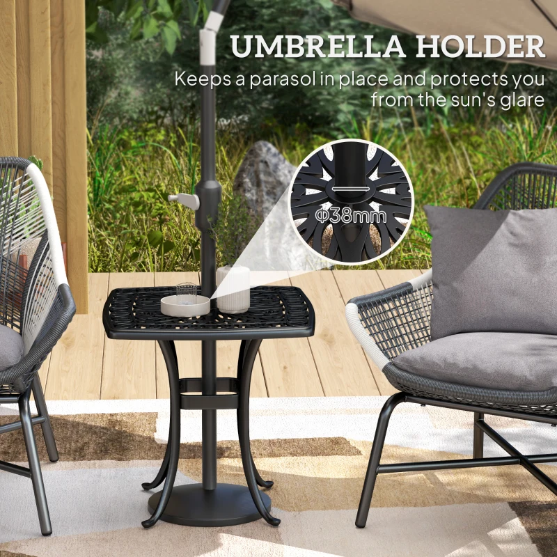 Outsunny Outdoor Garden Table, Cast Aluminium Patio End Table with Umbrella Hole and Anti-slip Foot Pads for Garden, Patio, Balcony, 54 x 54 cm, Black