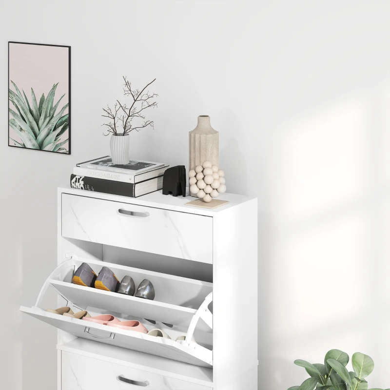 HOMCOM Marble Shoe Storage Cabinet with 3 Flip Drawers, Hallway Cabinet with Top Drawer and Adjustable Shelves, Shoe Cupboard for 18 Pairs, White
