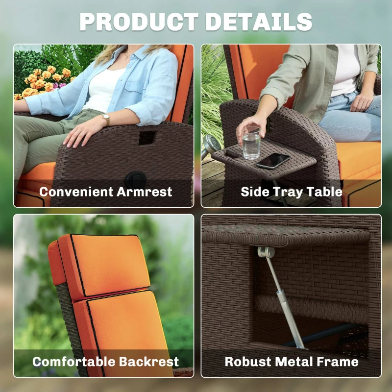 Outsunny Garden Recliner with Cushion, Outdoor Recliner Chair with Adjustable Backrest & Footrest, Side Tray, Orange