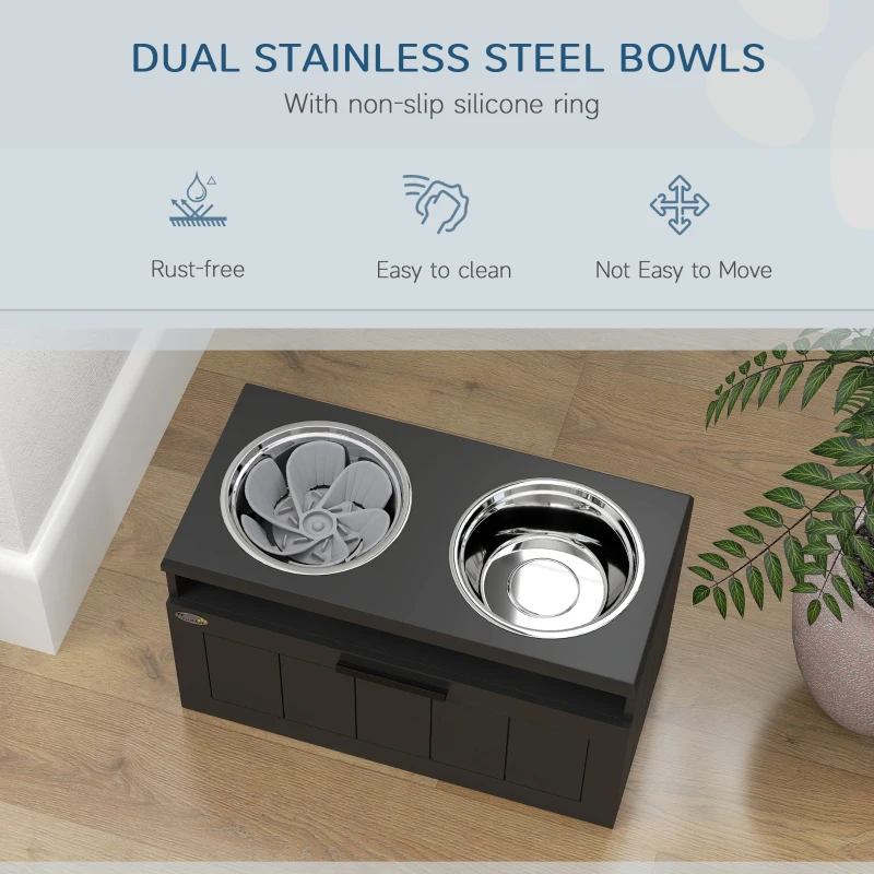 PawHut Raised Dog Bowl with Slow Feeder, Two Stainless Steel Dog Bowls, Drawer, for Large and Extra Large Dogs, Black