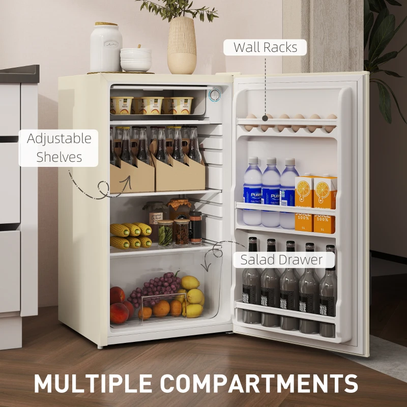 HOMCOM Under Counter Fridge, 91L Small Fridge with Chiller Box, Removable Shelf, Reversible Door, Adjustable Legs, Mini Refrigerator, Beige