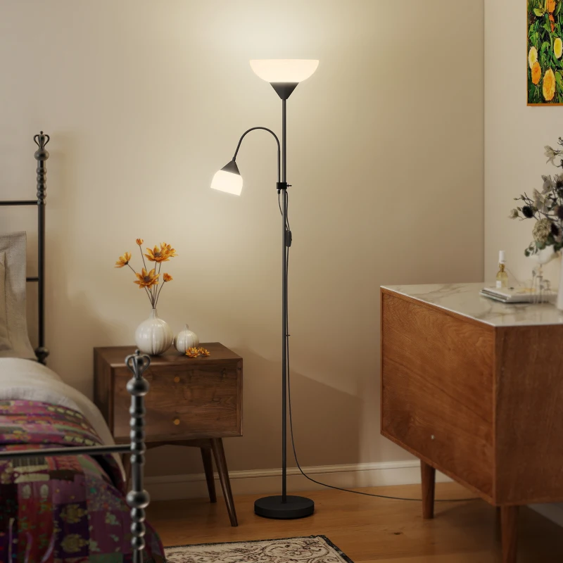 HOMCOM LED Floor Lamp for Living Room, 180cm Tall Standing Lamp, Mother and Child Uplighter with Adjustable Gooseneck, Black
