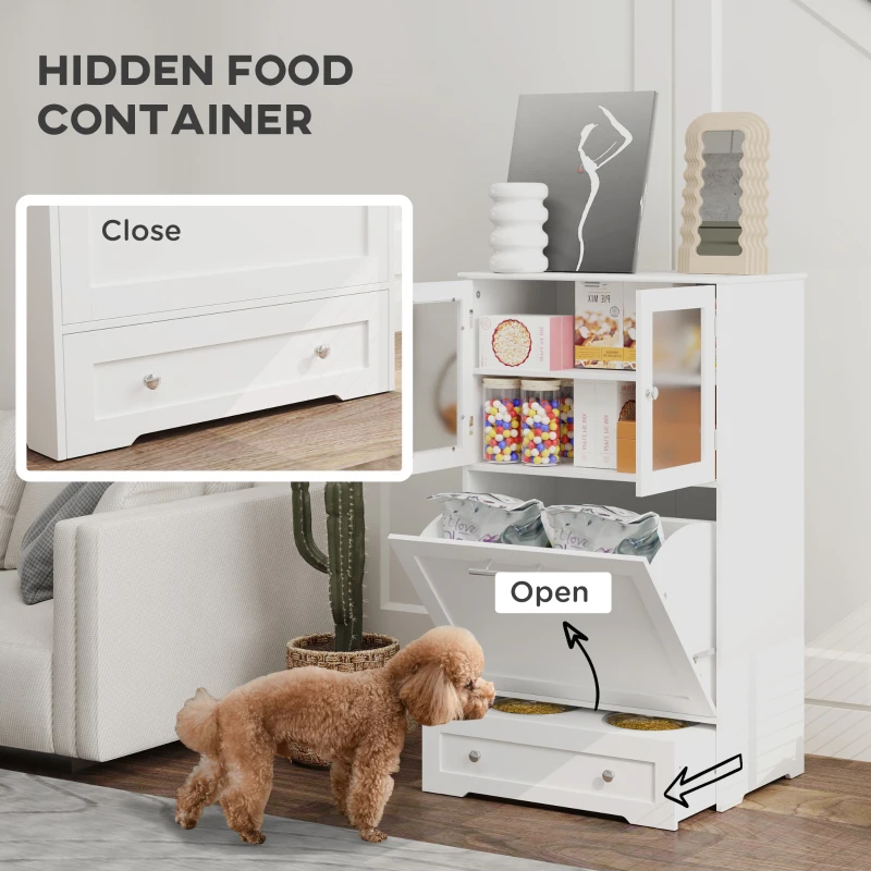 PawHut Dog Feeding Station with 2 Storage Cabinets, 2 Elevated Bowls, Side Hooks, Anti-tip Kit for Water and Feeding Supplies
