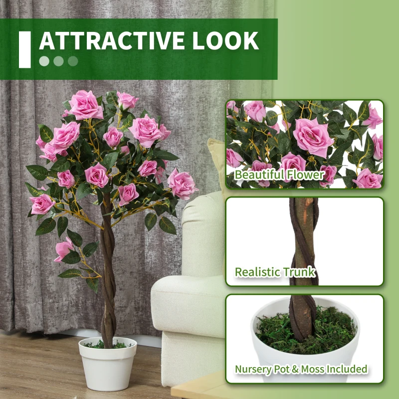 Outsunny Set of 2 Artificial Plants White Rose Floral in Pot, Fake Plants for Home Indoor Decor, 90cm, Purple