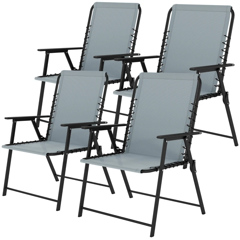 Outsunny Folding Garden Chairs Set of 4, Outdoor Dining Chairs with Wide Texteline Seat, High Back and Armrests, Light Grey